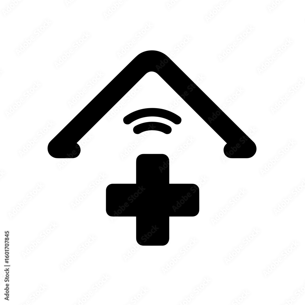 Fototapeta premium Medical cross under a roof with wireless signal. Concept of remote healthcare or telemedicine. 