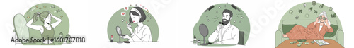Four-panel illustration of personal grooming rituals with earthy color palette