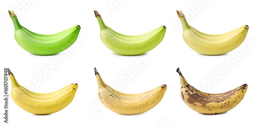 Ripening stages of banana fruits on white background, collage