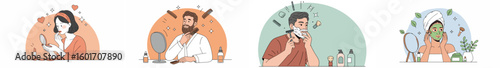 Illustration of four people grooming with makeup, shaving, and skincare products in a warm earthy color palette