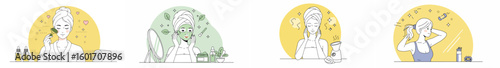 Four-panel illustration of women engaged in skincare and beauty rituals with pastel color palette