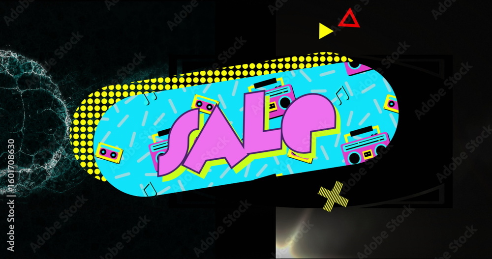 Fototapeta premium Displaying turquoise SALE oval in design with boombox, tapes, accents, music notes, halftone dots