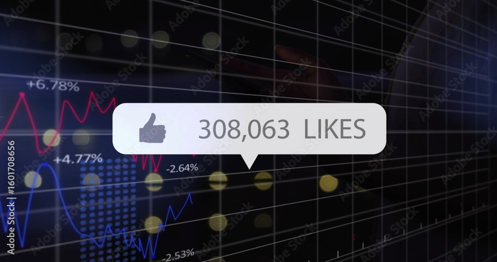 Obraz premium Displaying speech bubble showing 308,063 likes on grid dashboard with charts and yellow data points