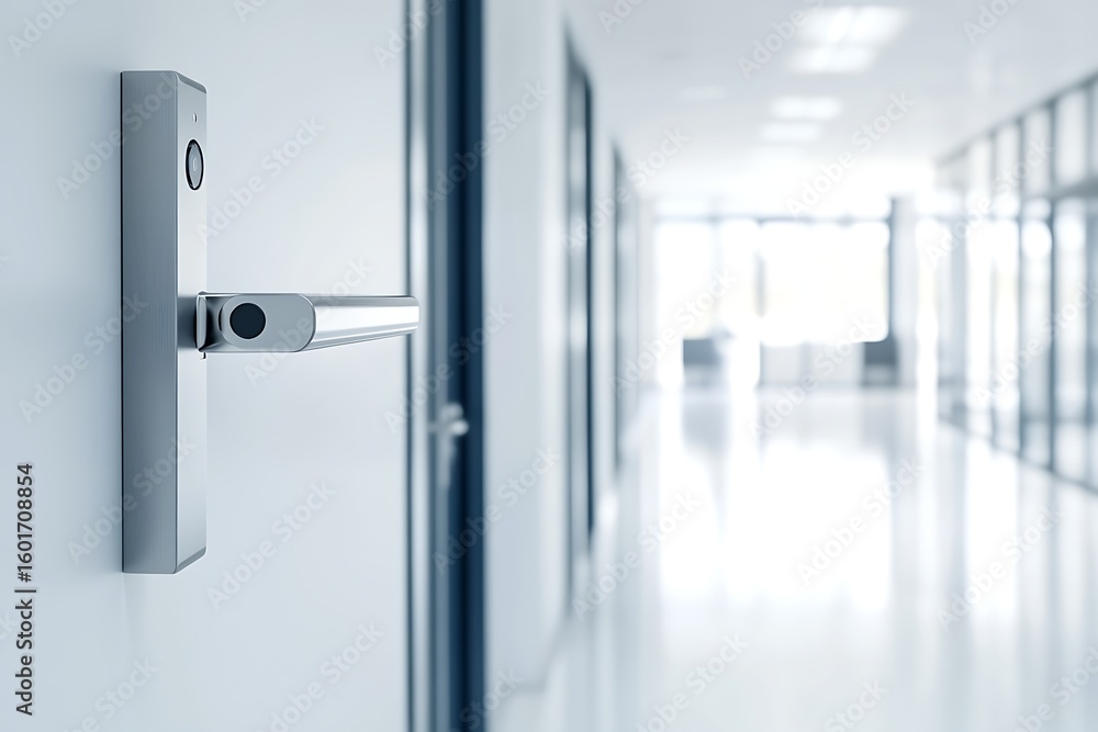 Modern door handle with fingerprint scanner in a bright office corridor for security access Modern door handle with fingerprint scanner in a bright office corridor for security access