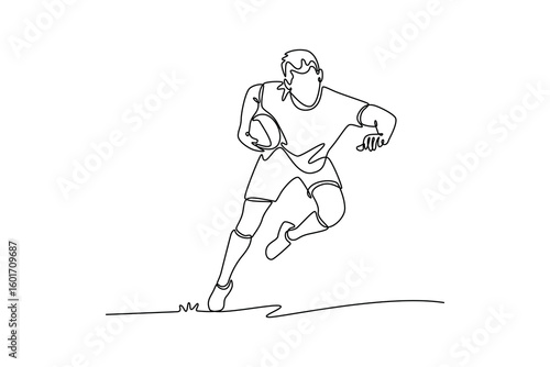Single one line drawing active male rugby player on field for match, game in tournament. Teamwork and players tackle for winning ball to score. Continuous line draw design graphic vector illustration