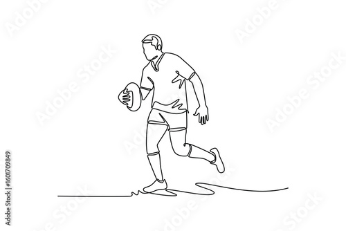 Continuous one line drawing young energic male rugby player in motions at stadium. Professional sport, competition, motivation, game, championship. Single line draw design vector graphic illustration