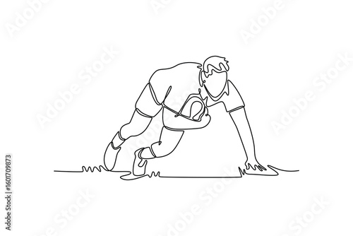 Continuous one line drawing male rugby player making score at training session or match on grass field. Balance, endurance and workout for wellness. Single line draw design vector graphic illustration