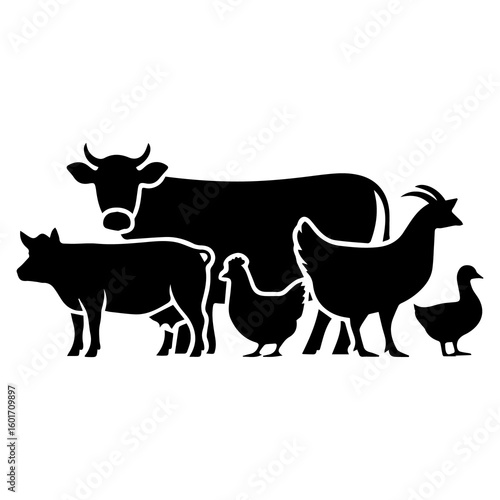 Farm animal silhouettes showcasing a diverse collection of livestock including cows chickens and a goat on a white background