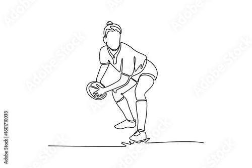 Continuous one line drawing woman athlete pass rugby ball at training for her skill performance in match. Female player in action for competition. Single line draw design vector graphic illustration
