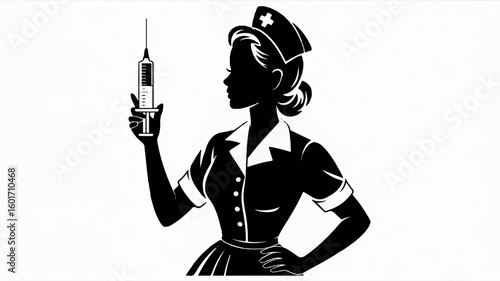 Retro 1950s nurse silhouette in classic uniform black and white illustration