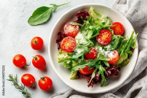 Wallpaper Mural Healthy salad with cherry tomatoes, lettuce, arugula and grated cheese, served in a white bowl on a gray background Torontodigital.ca