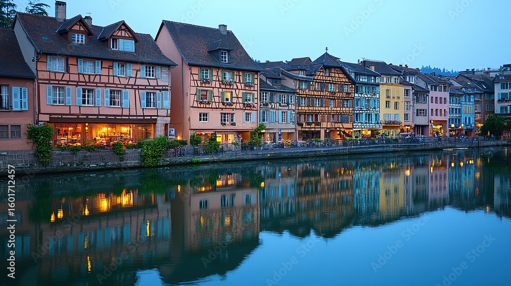 Naklejka premium Colorful buildings reflected in a calm river at dusk.