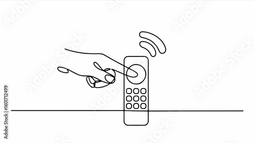 Minimalist line art illustration of a human hand pressing a button on a remote control