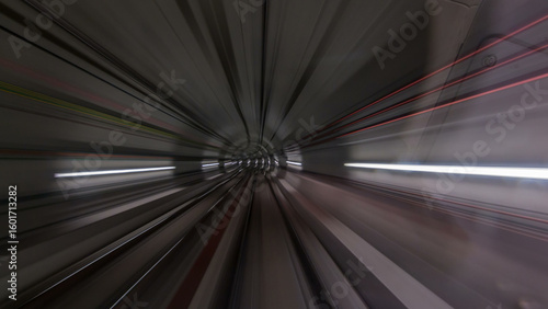 Moving in the subway tunnel with light trails inside timelapse