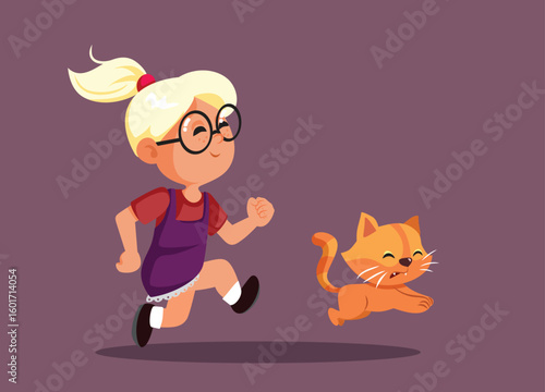 Funny Girl Chasing a Little Cat Vector Cartoon Illustration. Kid making a kitty anxious by following her and running trying to catch it 