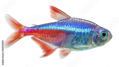 Glowing neon tetra fish, shiny scales and blue-red strip in aquarium theme. Isolated on transparent background 