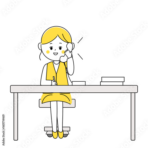メモを取って電話で話す会社員の女性のイラスト