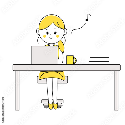 ご機嫌に笑顔で仕事をする会社員の女性のイラスト