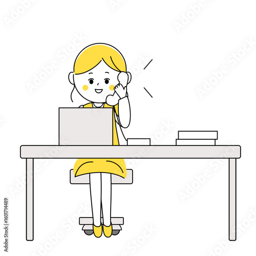 パソコンで電話をしながら仕事をする会社員の女性のイラスト