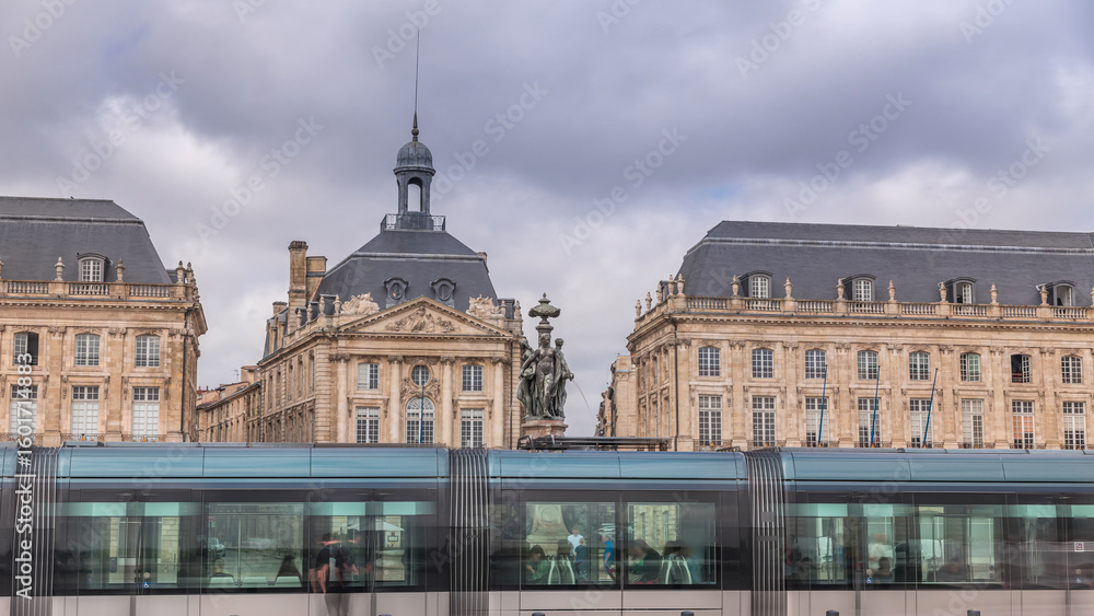 Fototapeta premium Place de la Bourse timelapse hyperlapse in Bordeaux, France, with the Fountain