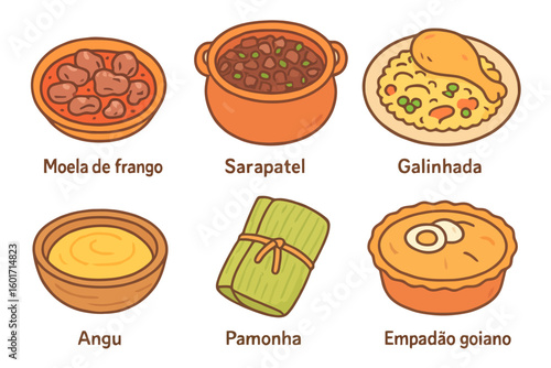 Traditional Brazilian meals in soft cartoon style: poultry, corn dishes, and hearty stews. Great for food apps, stock, or cultural design kits.

