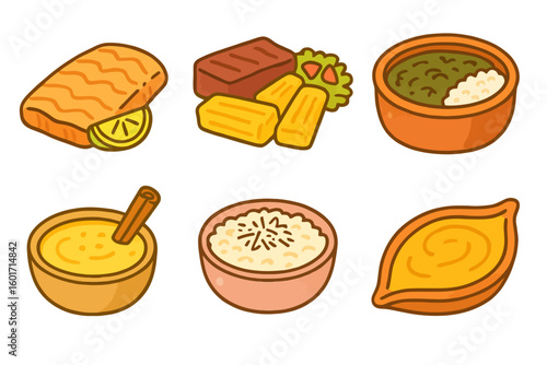 Cartoon pastel icons of regional Brazilian foods: pirarucu, carne de sol, maniçoba, mingau, canjica, and vatapá. Clean lines and transparent background.