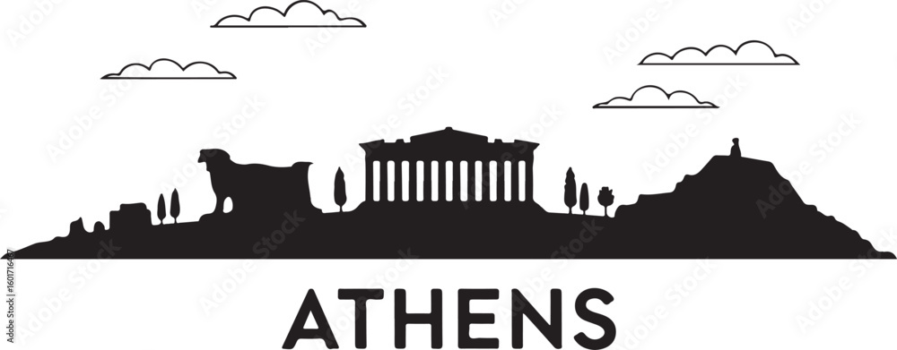 Fototapeta premium Athens Skyline Silhouette Vector — Parthenon and Acropolis in Black