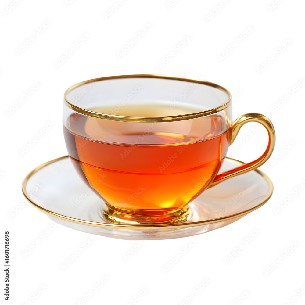 A clear glass teacup filled with amber colored tea and a golden rim sits on a matching saucer isolated on transparent background A clear glass teacup filled with amber colored tea and a golden rim sits on a matching saucer isolated on transparent background