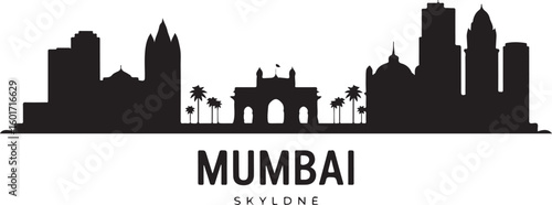 Mumbai skyline silhouette vector in black with Gateway of India and high-rise buildings
