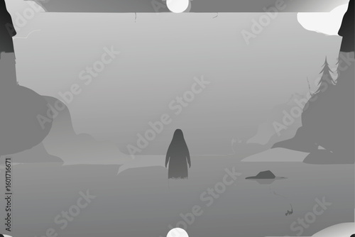 a ghostly figure emerging from a foggy lake  great.eps