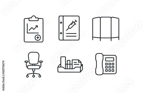 straight perfect stroke icon mono icons style isolated health temperature chart health vaccination record binder health privacy screen panel health ergonomic chair health desktop organizer