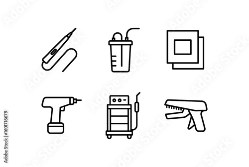 straight perfect stroke icon mono icons style isolated surgical suite electrocautery pen surgical suite suction canister surgical suite surgical drape pack surgical suite orthopedic drill