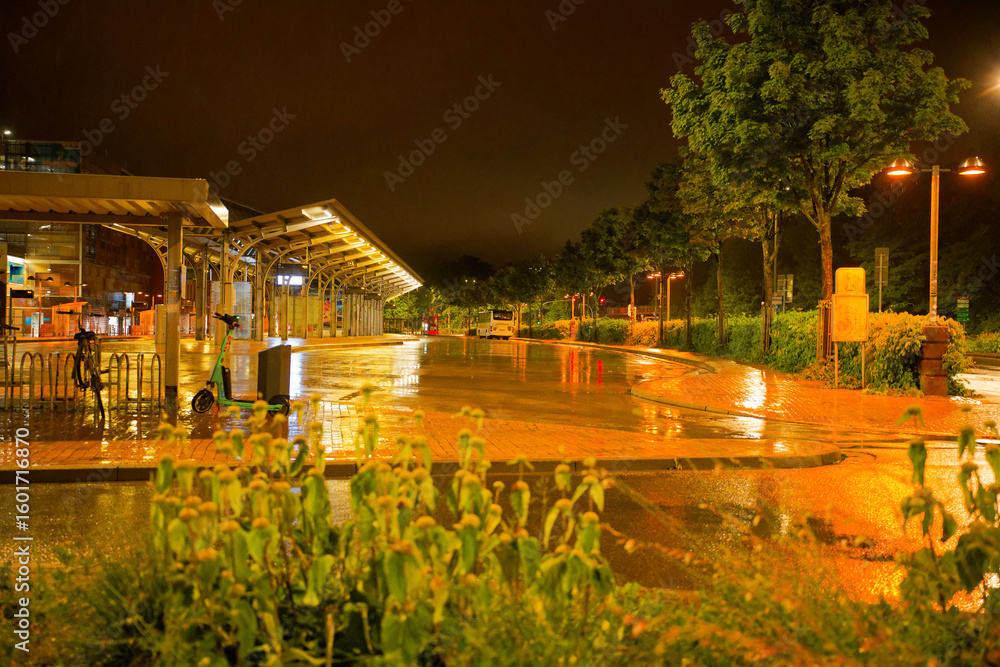 Fototapeta premium Documentation of the extreme heavy rain weather at Flensburg ZOB on the evening of July 22, 2025