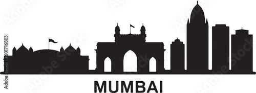 Mumbai skyline silhouette vector in black with Gateway of India and high-rise buildings