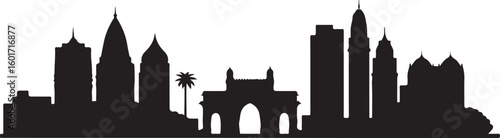 Mumbai skyline silhouette vector in black with Gateway of India and high-rise buildings