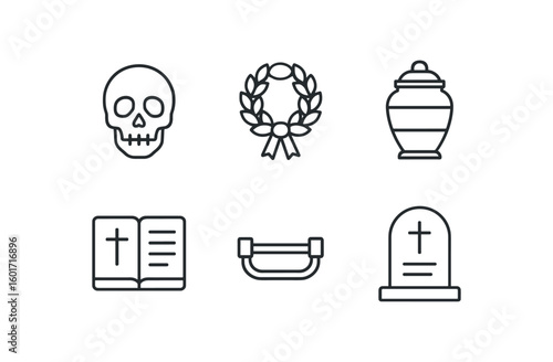 straight perfect stroke icon mono icons style isolated death skull replica death mourning wreath death funeral urn death obituary ledr death coffin handle death epitaph plaque
