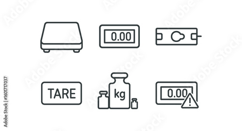 straight perfect stroke icon mono icons style isolated scale stainless steel platform scale LCD display scale load cell sensor scale tare function button scale calibration scale overload
