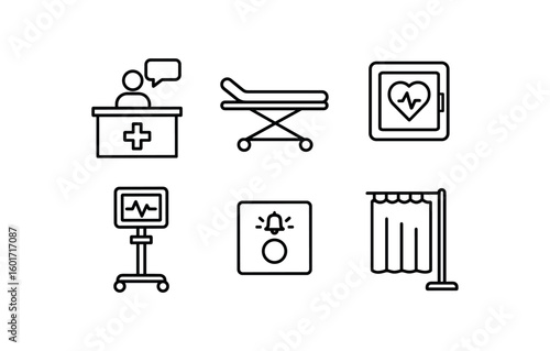 straight perfect stroke icon mono icons style isolated emerncy room tria desk station emerncy room gurney stretcher fe emerncy room defibrillator cabinet emerncy room vital signs monitor