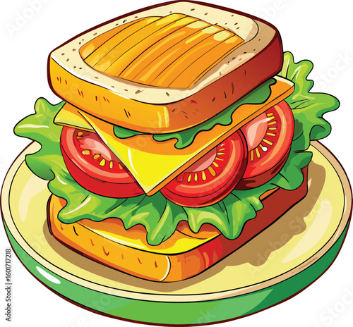 Delicious toasted sandwich with tomato and lettuce isolated on transparent background
