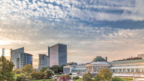 Aerial timelapse of Le Botanique and its orangery at sunset in Brussels, Belgium
