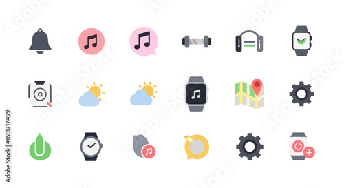 A versatile collection of modern flat color icons for mobile app and smartwatch user interface design. Vector illustration set.