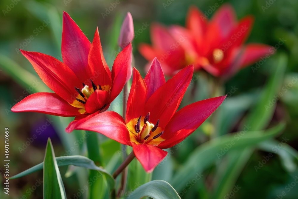Fototapeta premium April garden features red Balkan tulip Tulipa hageri