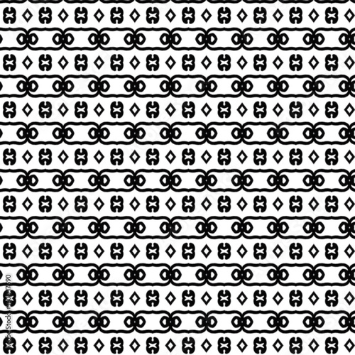 Intricate repeating chain-link and diamond pattern in black and white. Versatile for textile or graphic backgrounds.