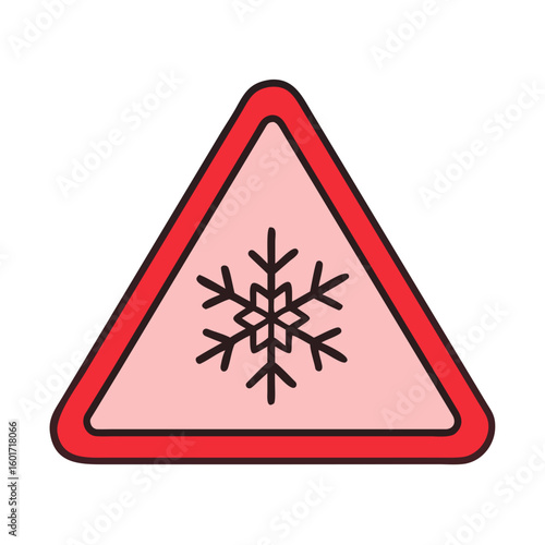 Triangular red warning sign icon with snowflake symbol. Cold weather, ice, frozen, winter, snow, frost, freeze concept. Vector illustration
