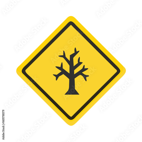 Yellow caution warning sign with dry tree. Environmental hazard concept. Vector illustration for traffic, nature, ecology, road safety