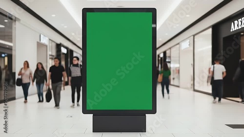 Walking Past Digital Ad Screen with Green Screen in Modern Shopping Mall