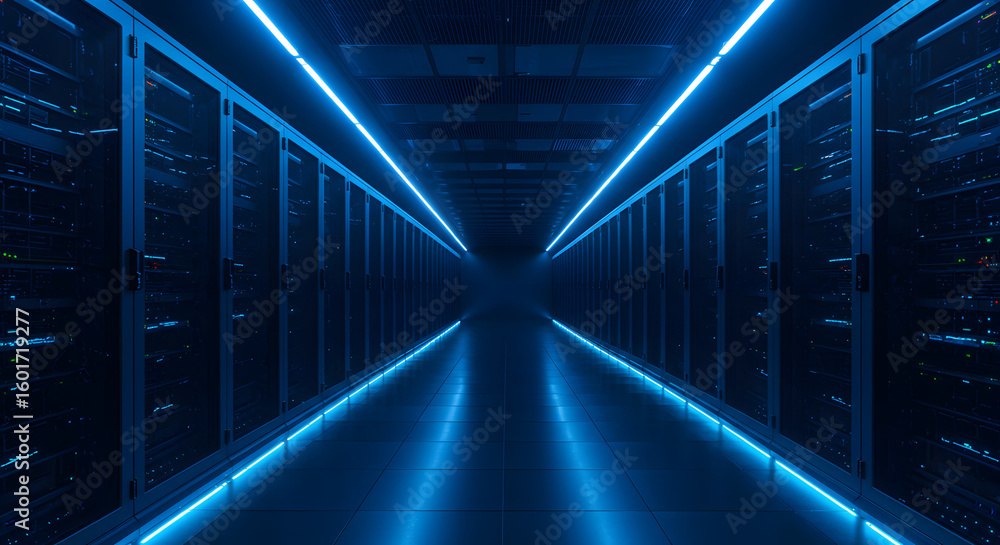 Fototapeta premium Illuminated server room with rows of data racks
