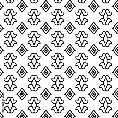 Minimalist black and white seamless pattern with floral and diamond shapes, ideal for elegant backgrounds. Minimalist, floral, seamless, diamond, elegant.