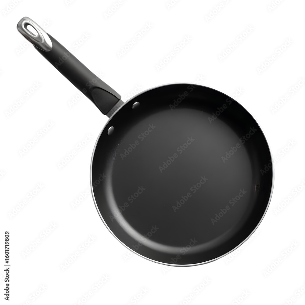 A black non stick frying pan with a black handle and silver accents isolated on transparent background A black non stick frying pan with a black handle and silver accents isolated on transparent background