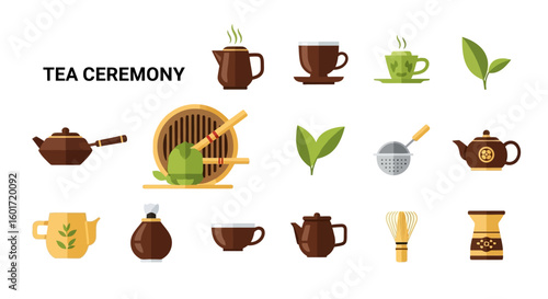 Japanese Tea Ceremony Icons and Illustrations of Traditional Teaware